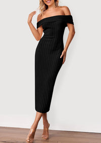 Off The Shoulder Elegant Ribbed Knit Bodycon Wedding Guest Sweater Midi Dresses