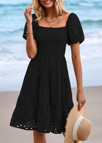 PRETTYGARDEN Womens Summer Puff Sleeve Mini Dress Off Shoulder Eyelet Smocked A Line Casual Babydoll Short Dresses