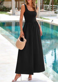 Casual Scoop Neck Sleeveless Patchwork A-line Swing Maxi Dresses with Pockets