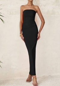 Strapless Tube Bodycon Ruched Slit Maxi Dresses