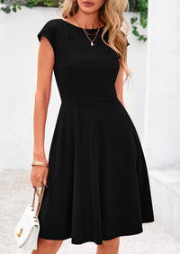 Crew neck Cap Sleeve Ribbed Knit Casual Flowy A Line Mini Dress with Pockets