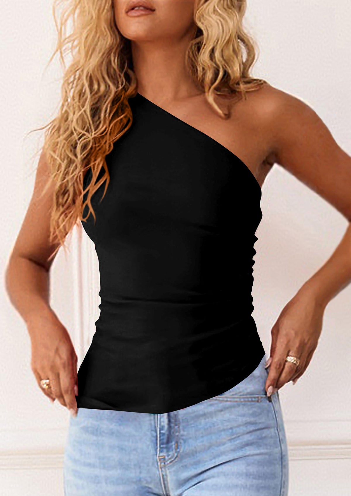 Y2K Sleeveless One Shoulder Slim Fit Ruched Knit Asymmetrical Tank Top