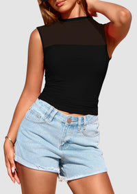 Sheer Mesh Casual Sleeveless Mock Neck Ruched Slim Fitted Tank Tops