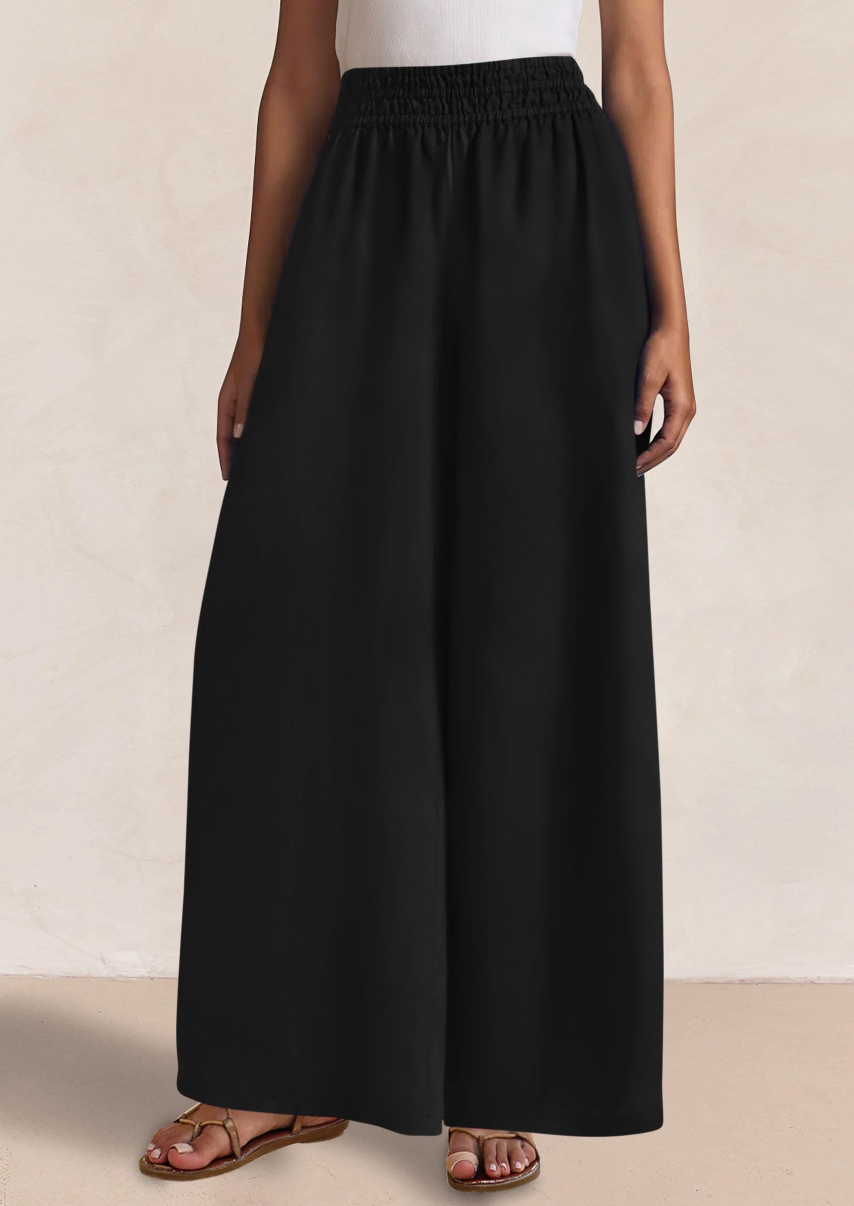Casual Elastic Waist Loose Flowy Palazzo Pants Trousers with Pockets