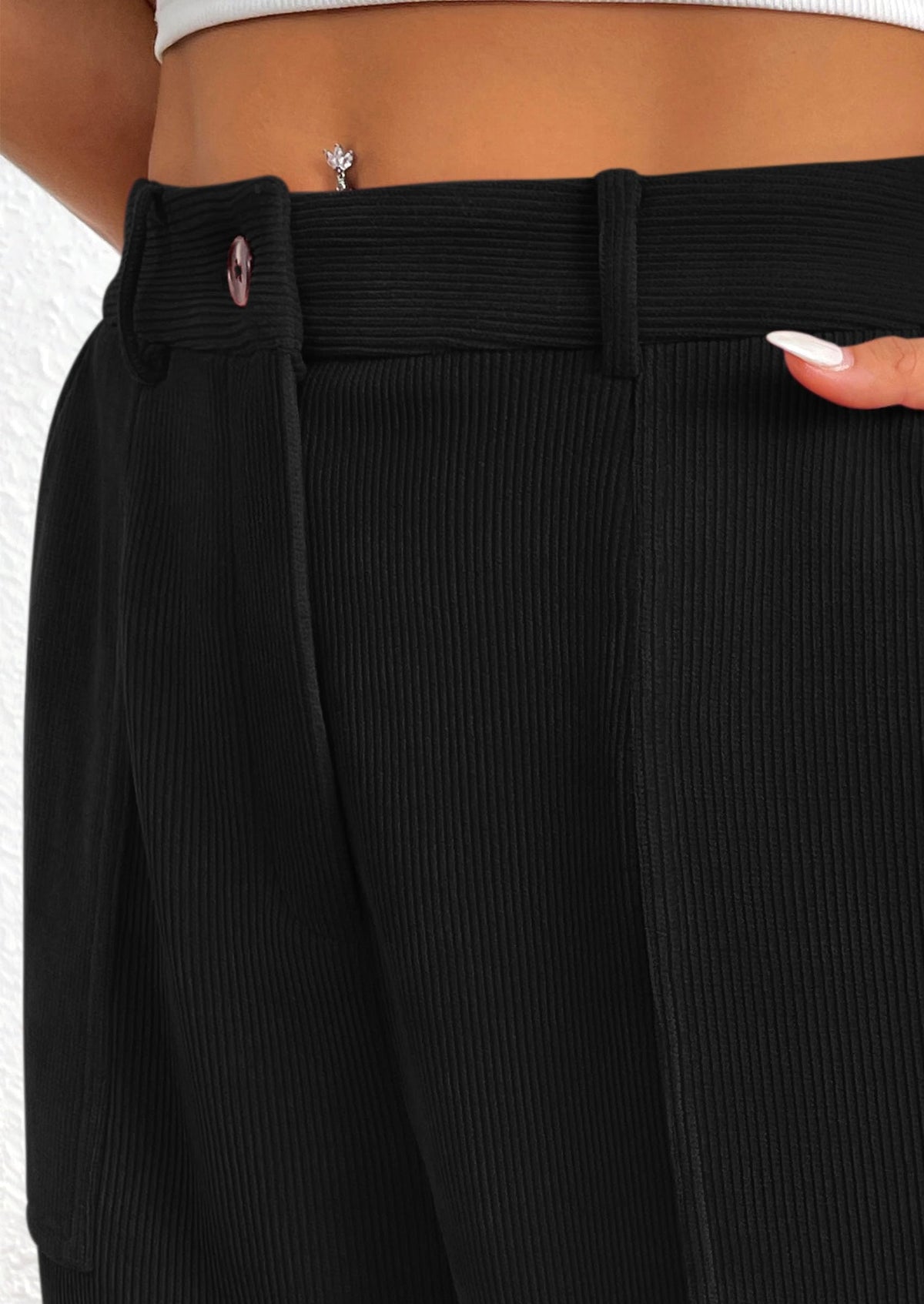 Elastic High Waisted Work Office Corduroy Casual Pants with Pockets