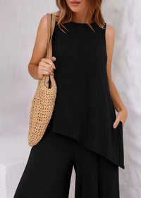 Asymmetrical Split Tank Tops Wide Leg Pants  Two Piece Sets