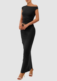 One Shoulder Sleeveless Ruched Slit Bodycon Two Piece Skirt Set