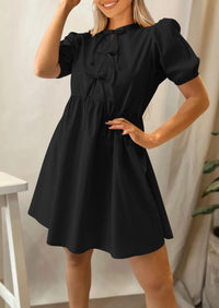 Casual Short Sleeve A Line Bow Tie Front Babydoll Loose Mini Dresses with Pockets