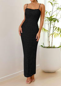 Elegant Spaghetti Strap Lace Floral Bodycon Maxi Dress