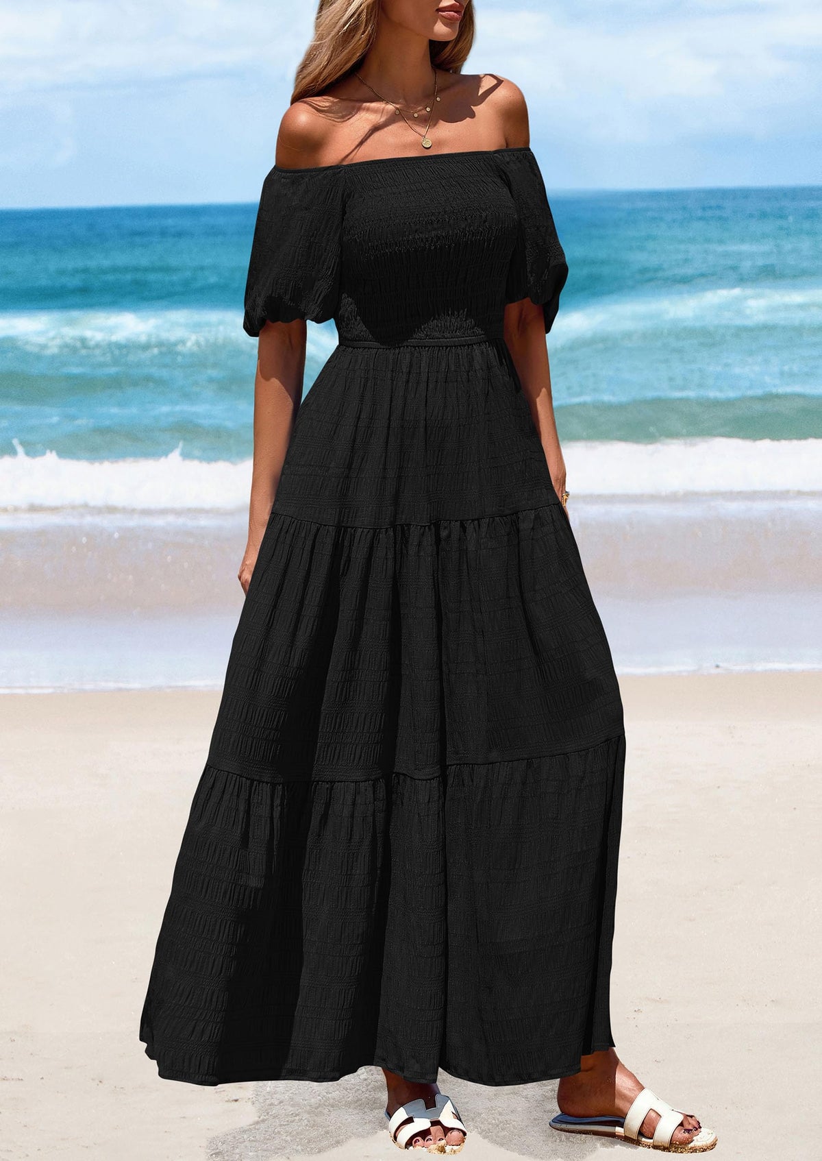 Puff Short Sleeve Square Neck Smocked Tiered Ruffle A Line Flowy Beach Maxi Dresses