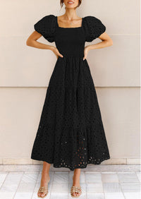 Eyelet Square Neck Puff Sleeve Smocked Maxi Dress with Pockets