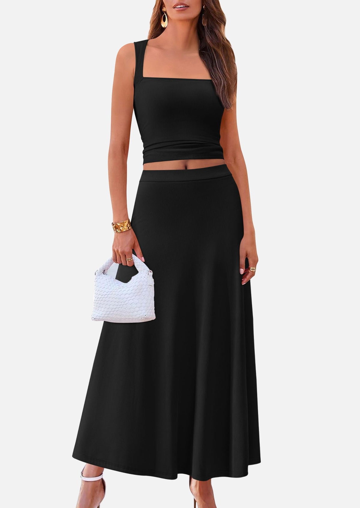 Crop Tank Top Flowy Midi Skirts Ribbed Knit Casual Two Piece Skirt Set