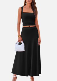 Crop Tank Top Flowy Midi Skirts Ribbed Knit Casual Two Piece Skirt Set