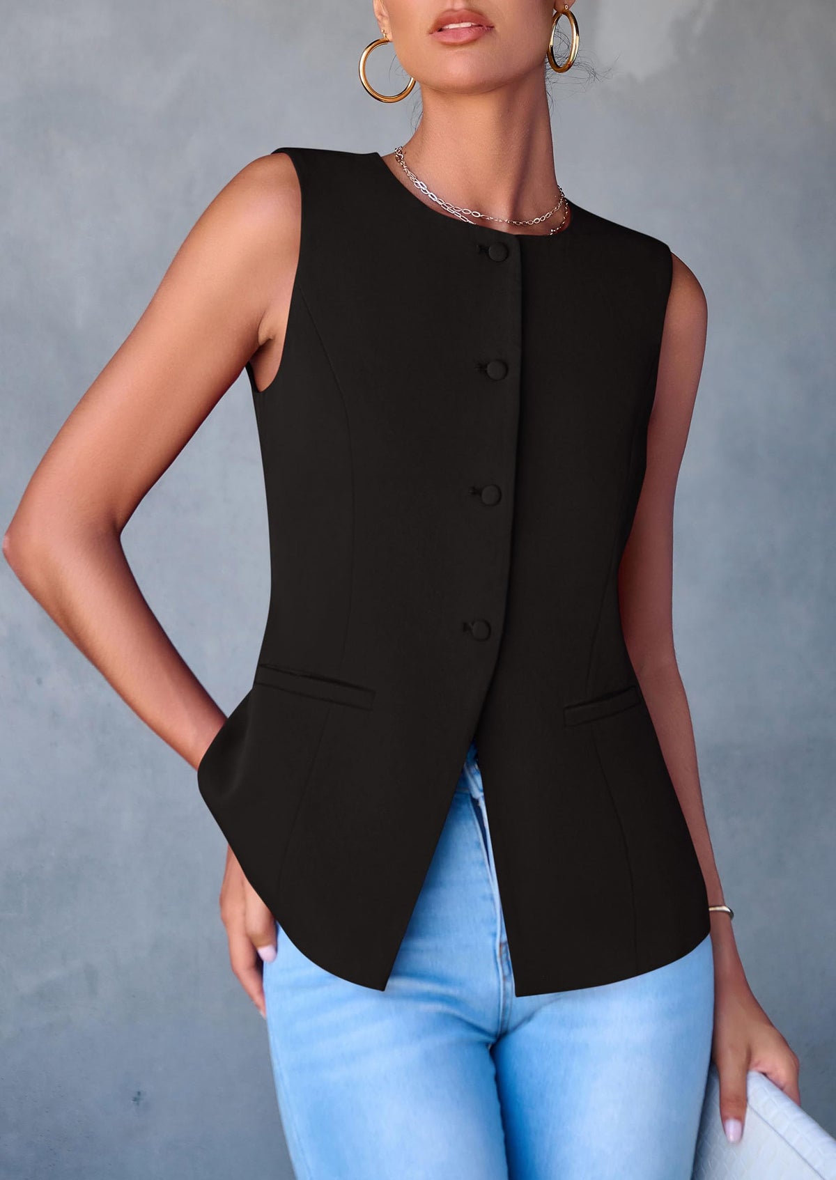 Dressy Business Casual Sleeveless Button Down Blazer Waistcoat
