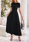 PRETTYGARDEN Women's Casual Dresses Summer Short Sleeve Ruched Patchwork A Line Pleated Swing Maxi Dress with Pockets