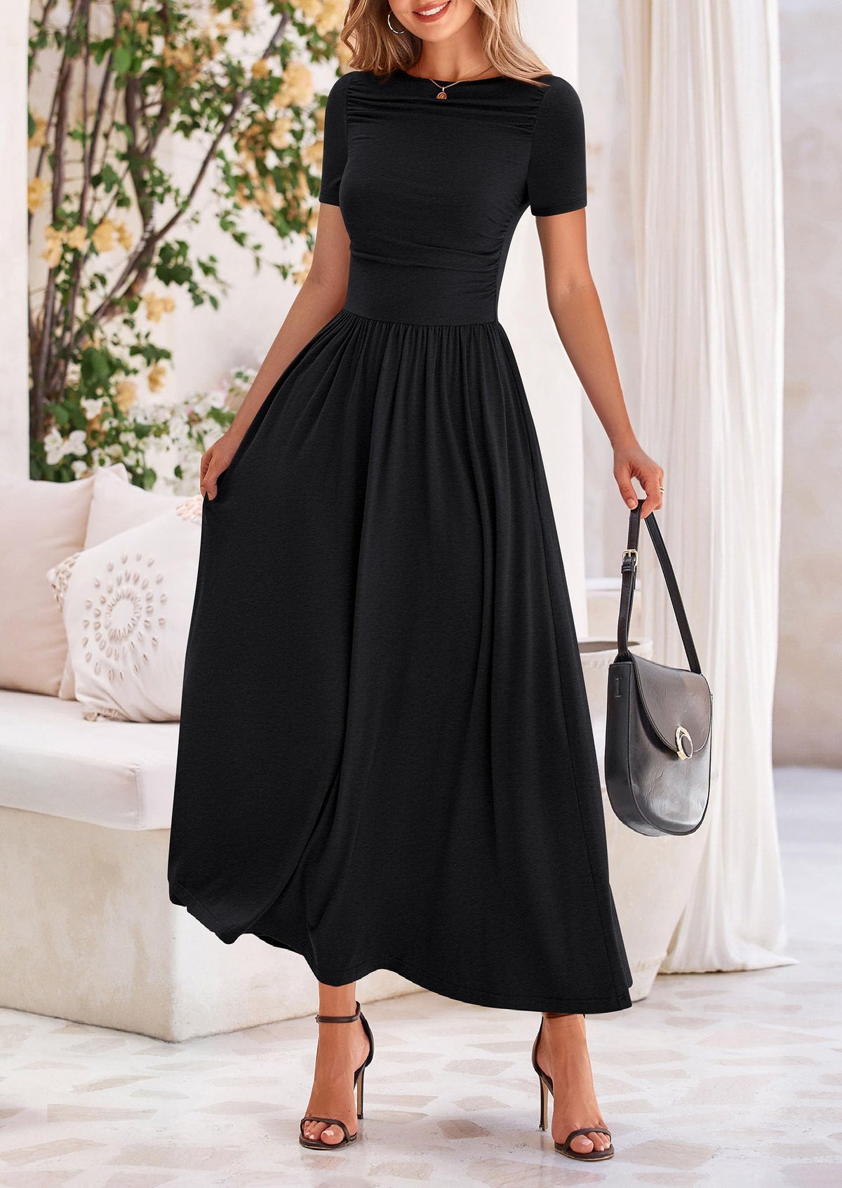 Casual Short Sleeve Ruched Patchwork A Line Pleated Swing Maxi Dresses with Pockets