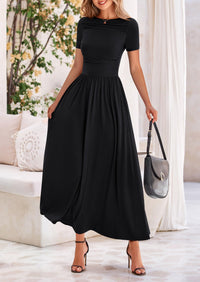 Casual Short Sleeve Ruched Patchwork A Line Pleated Swing Maxi Dresses with Pockets