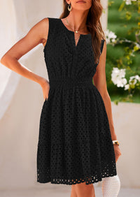 Sleeveless V Neck Eyelet Hollow Out Swing A Line Beach Vacation Dresses