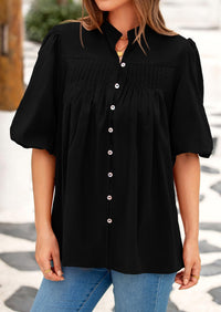 Lantern Sleeve Loose Fit Button Down Casual Pleated V Neck Blouses