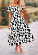 Off Shoulder Puff Sleeve Print Smocked Ruffle Beach Flowy Boho Midi Dress