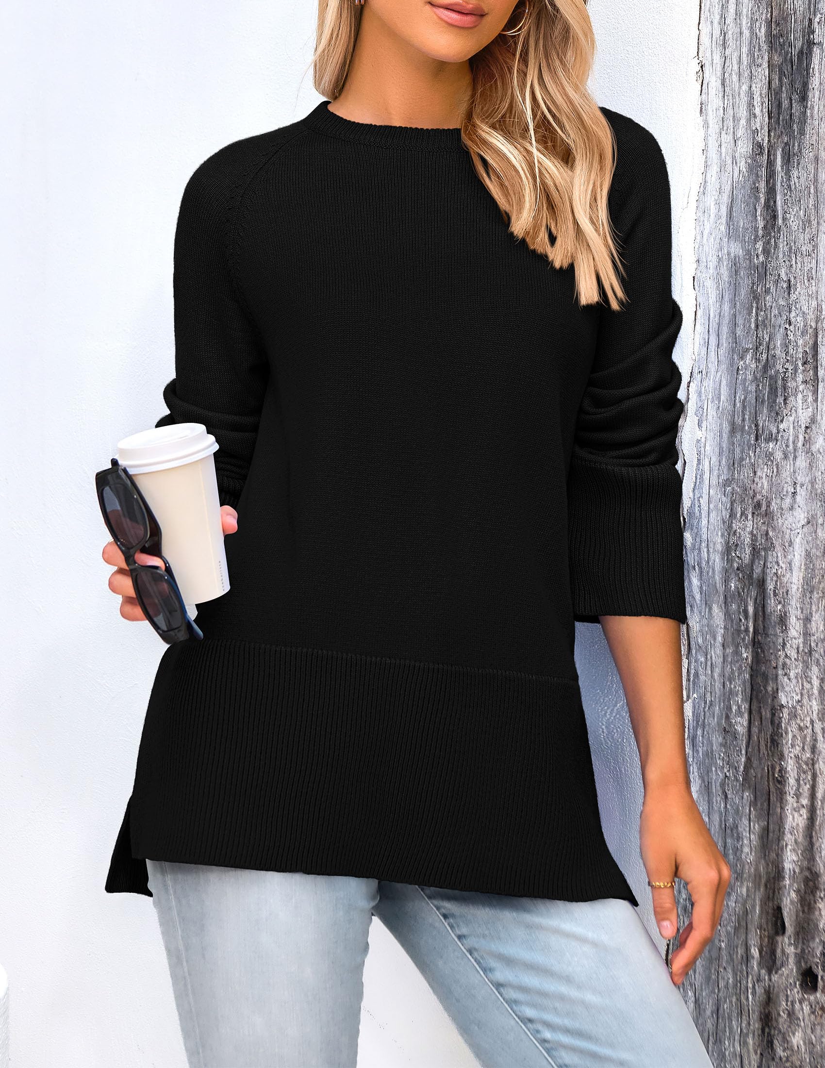 PRETTYGARDEN Women's Knit Fall Sweaters Long Sleeve Pullover Crewneck Split Hem Oversized Tunic Sweater Tops Winter Clothing