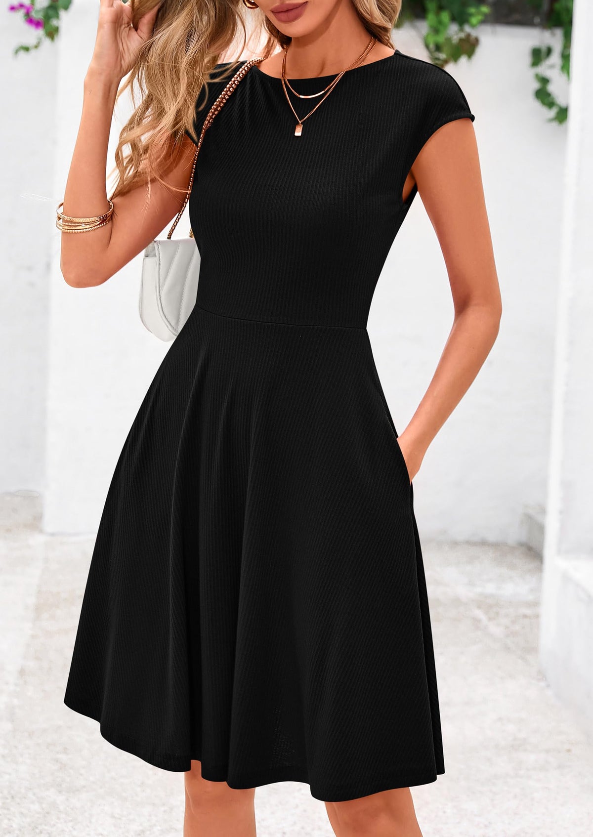 Crew neck Cap Sleeve Ribbed Knit Casual Flowy A Line Mini Dress with Pockets