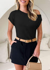 PRETTYGARDEN Womens Off The Shoulder Tops Summer Casual Short Sleeve Tunic T Shirts Lightweight Knit Sweaters