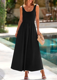 Casual Scoop Neck Sleeveless Patchwork A-line Swing Maxi Dresses with Pockets