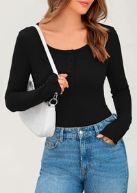 Long Sleeve Henley Ribbed Knit Button Up Slim Fitted Basic Casual T-shirts
