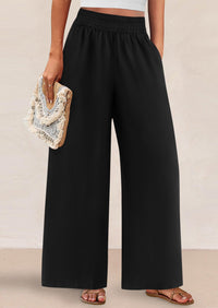 Casual Elastic Waist Loose Flowy Palazzo Pants Trousers with Pockets