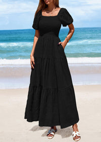 Puff Short Sleeve Square Neck Smocked Tiered Ruffle A Line Flowy Beach Maxi Dresses