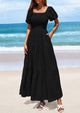 Puff Short Sleeve Square Neck Smocked Tiered Ruffle A Line Flowy Beach Maxi Dresses