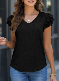 Casual Ruffle Short Sleeve V Neck T-shirts