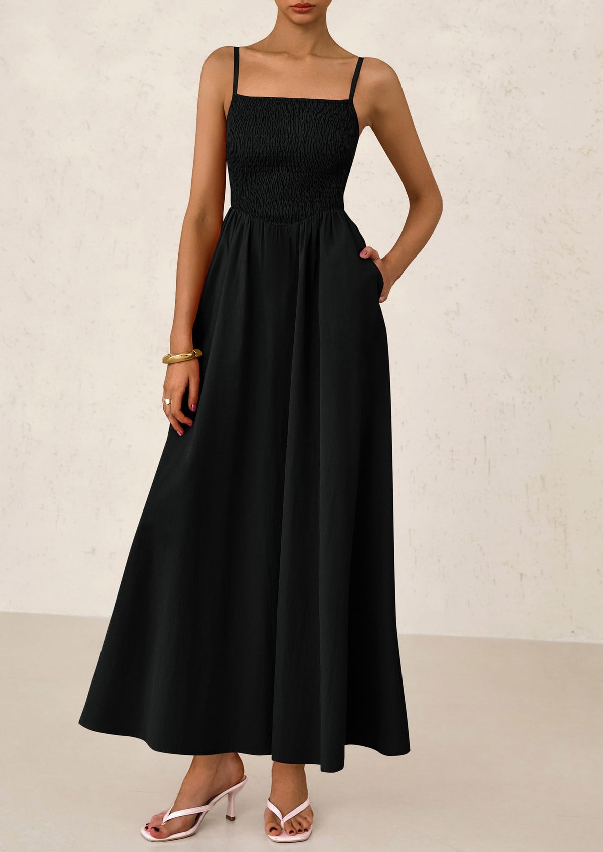 Smocked Beach Casual Spaghetti Strap Swing A Line Flowy Maxi Dresses