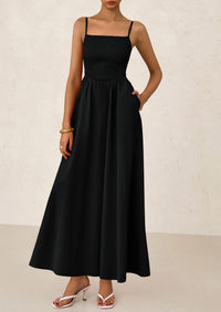 Smocked Beach Casual Spaghetti Strap Swing A Line Flowy Maxi Dresses