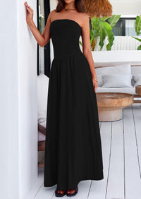 Strapless Patchwork Long Flowy Elegant Tube Top Maxi Dresses with Pockets