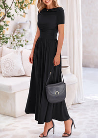 Casual Short Sleeve Ruched Patchwork A Line Pleated Swing Maxi Dresses with Pockets
