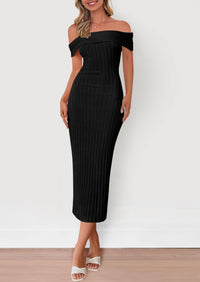 Off The Shoulder Elegant Ribbed Knit Bodycon Wedding Guest Sweater Midi Dresses