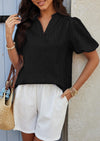 PRETTYGARDEN Womens Casual Summer Tops V Neck Short Puff Sleeve Pleated Cotton T Shirts Loose Dressy Blouses