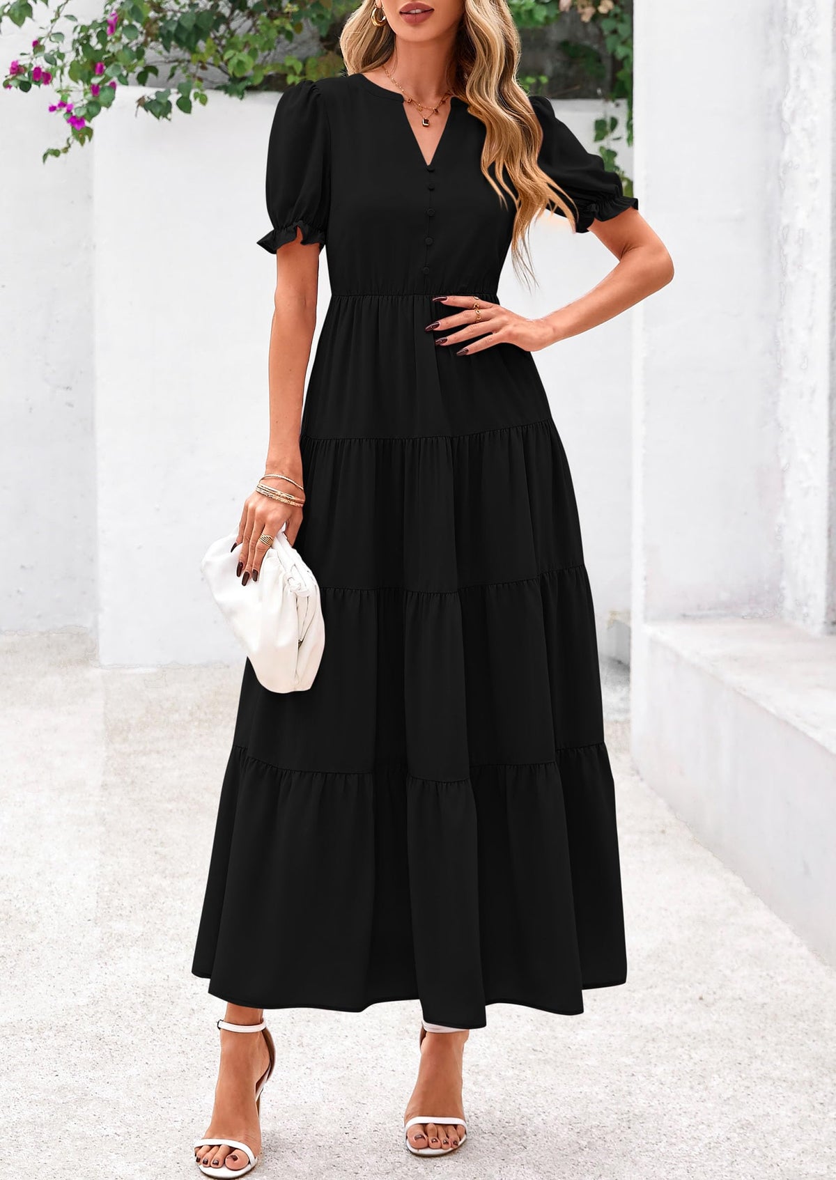 Casual Short Sleeve V Neck Tiered Flowy Beach Vacation Maxi Dress with Pockets