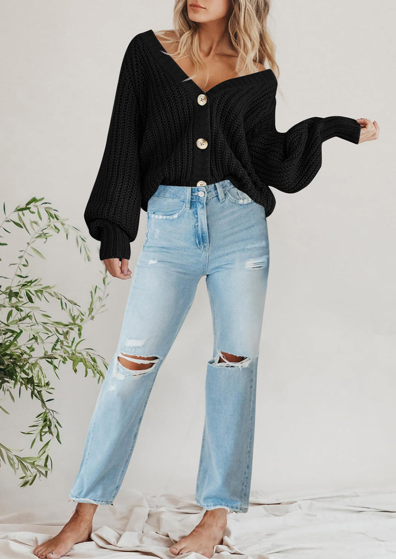 PRETTYGARDEN Women's Chunky Knit Open Front Sweater Long Sleeve Button Loose Short Cardigan Outerwear Coats