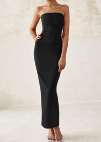 Strapless Tube Bodycon Ruched Slit Maxi Dresses