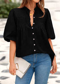 Lantern Sleeve Loose Fit Button Down Casual Pleated V Neck Blouses