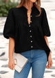 Lantern Sleeve Loose Fit Button Down Casual Pleated V Neck Blouses