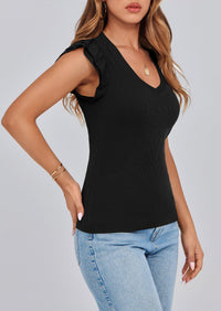V Neck Ruffle Sleeveless Slim Fit Casual T-shirts