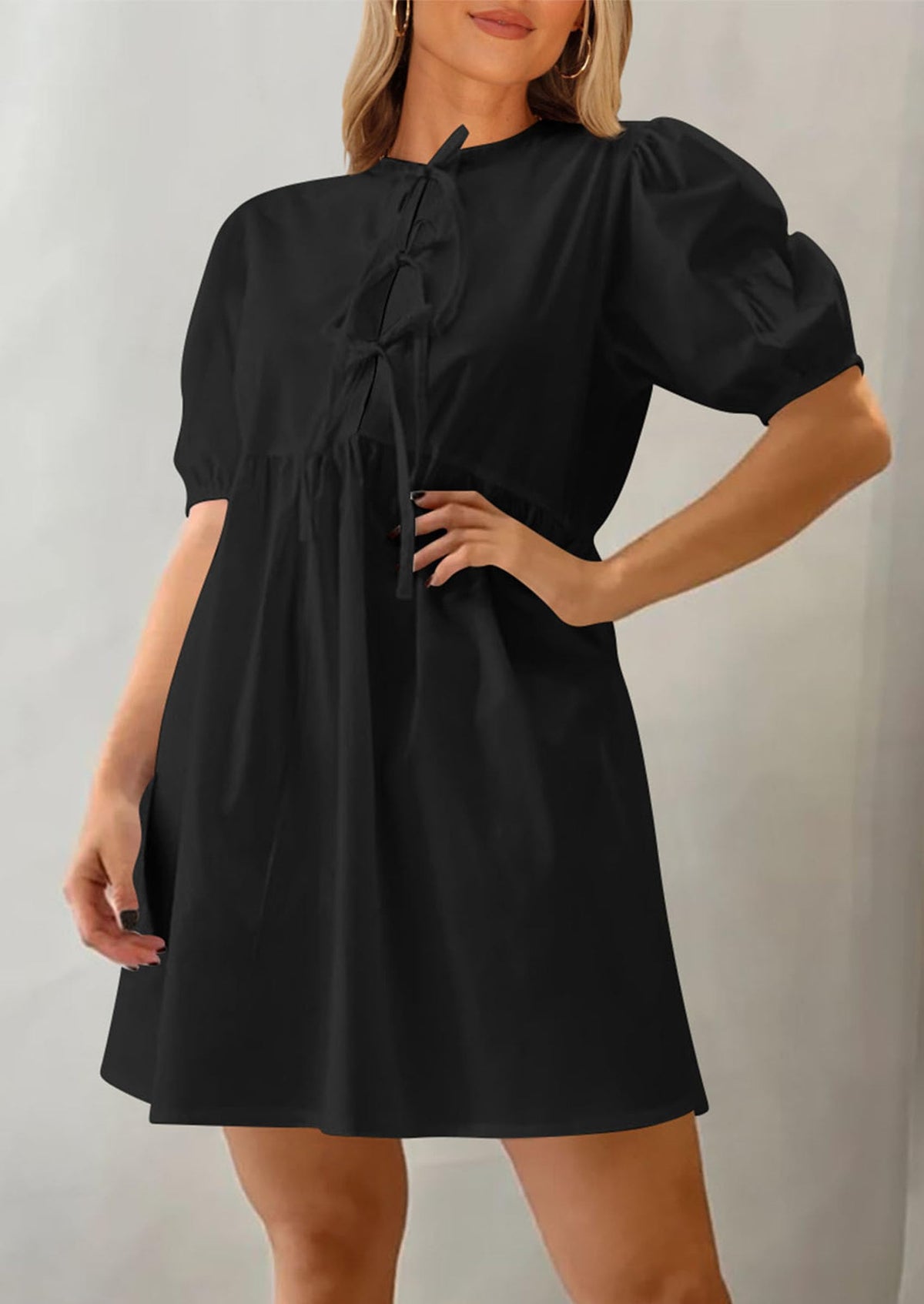 Casual Short Sleeve A Line Bow Tie Front Babydoll Loose Mini Dresses with Pockets