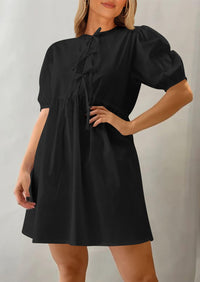 Casual Short Sleeve A Line Bow Tie Front Babydoll Loose Mini Dresses with Pockets