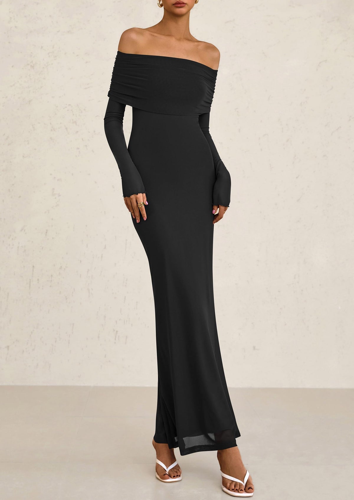 Off The Shoulder Bodycon Long Sleeve Mesh Maxi Dress