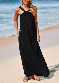 Casual Sleeveless Strappy Loose Flowy Beach Maxi Dress with Pockets