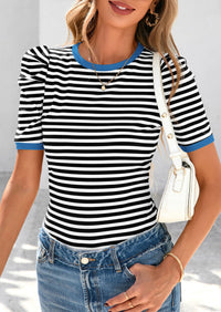 Puff Sleeve Casual Ribbed Knit Color Block Striped Pullover T-shirts